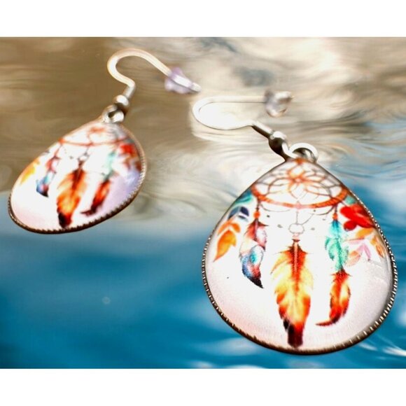 Native American Dreamcatcher Earrings New Teardrop Feathers Reservation … - Picture 3 of 12